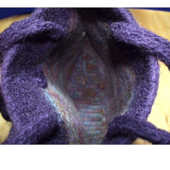 Handmade Felted Wool Tote Bag – Purple & Multicolor Striped with Beaded Accent - Picture 2 of 3